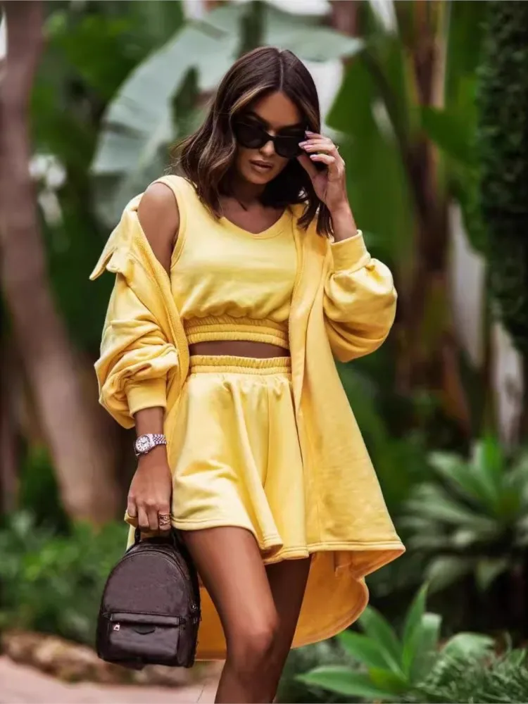 Fashion Solid Color Tank Top Shorts Jacket Three Piece Set Women Suits 2024 Autumn Casual Shorts Sets Street Female 3 Piece Set