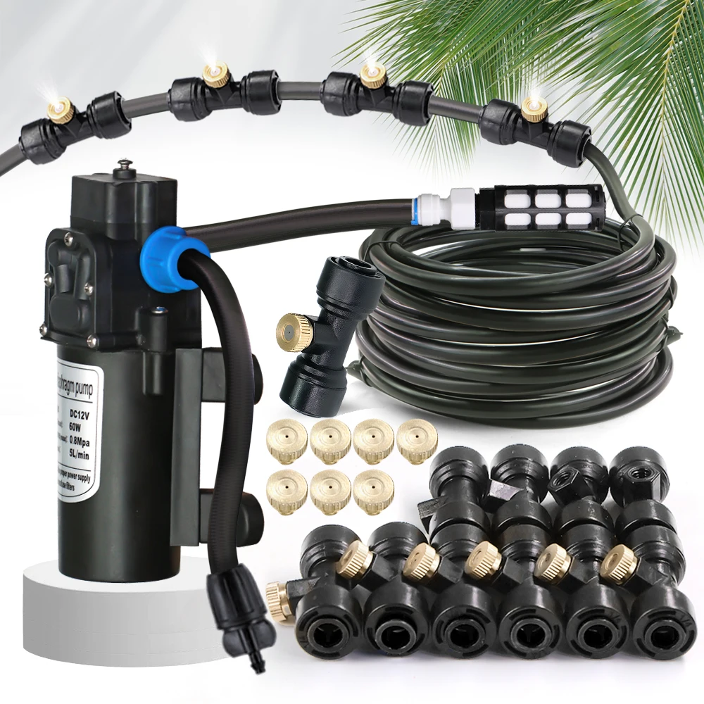 

60W Pump 0.4MM Brass Nozzle Micro-Fine Fog Cooling System 6/9/12/18/21M Outdoor Garden Trampoline Mist Irrigation Kit Sprayer