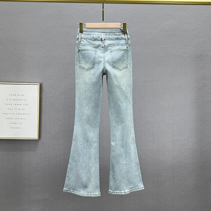 Imagem -04 - Calça Feminina com Fundo de Sino de Cintura Alta Requintada Calça Rachado de Strass Jeans Justo Moda Europeia Outono 2023