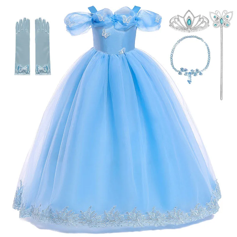 Girls Cinderella Dress up Costume With Butterflies Kids Blue Sleeveless Princess Party Dress Children Halloween Cosplay Dresses