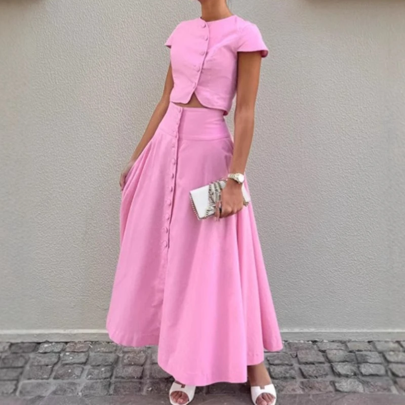 French Style Elegant A-line Long Skirt Set Women's Fashion Small Fragrance Pink Top Skirt Two-piece Set Women's Clothing view 6