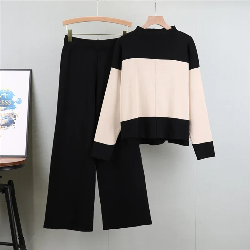 2024 Autumn New Fashion Loose Color Matching Crew Neck Pullover Sweater Wide Leg Pants Casual Two Piece Sets Womens Outifits