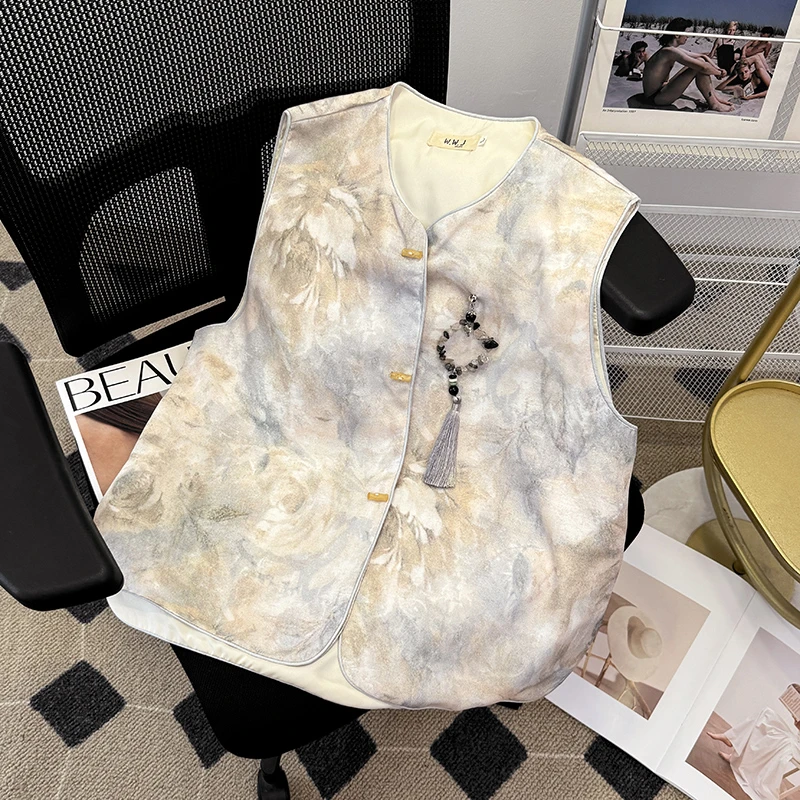Ele Chinese Sle Bloemenprint Damesvest Veelzijdige Zomer High-End Faionable Commuter Sle Katoenmix Jaet