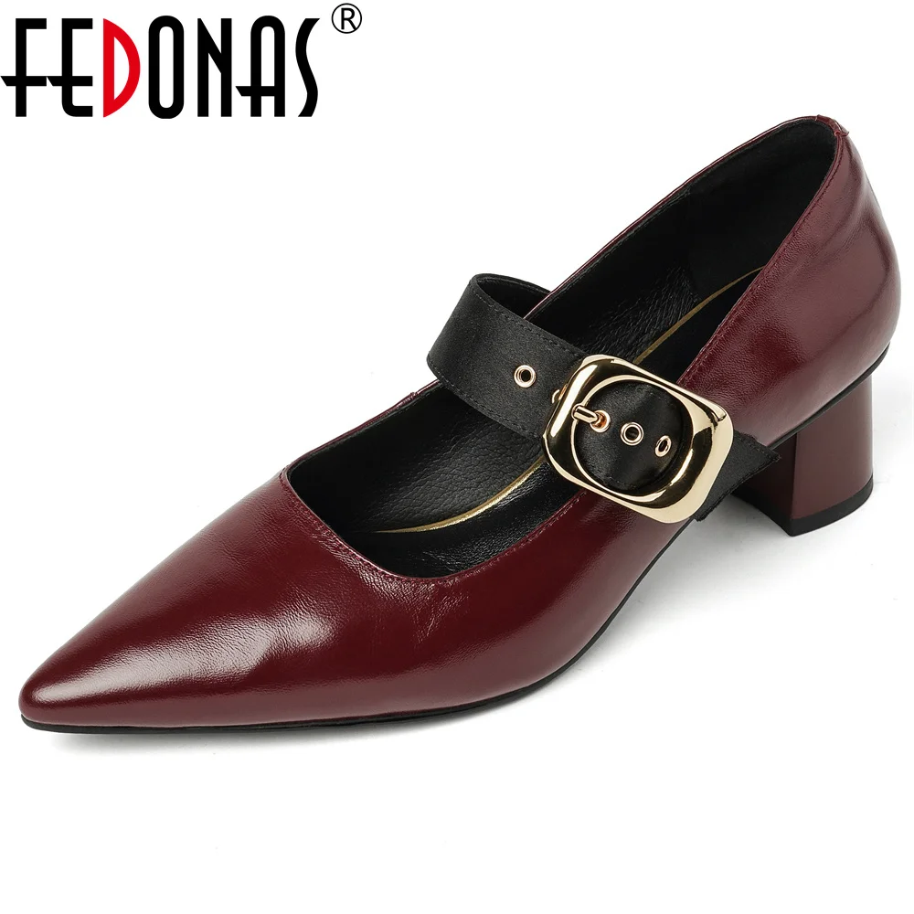 FEDONAS Retro Vrouwen Dikke Hoge Hakken Lederen Pompen Sexy Puntschoen Gespen Prom Pompen Comfort Kantoor Pompen Schoenen Vrouw