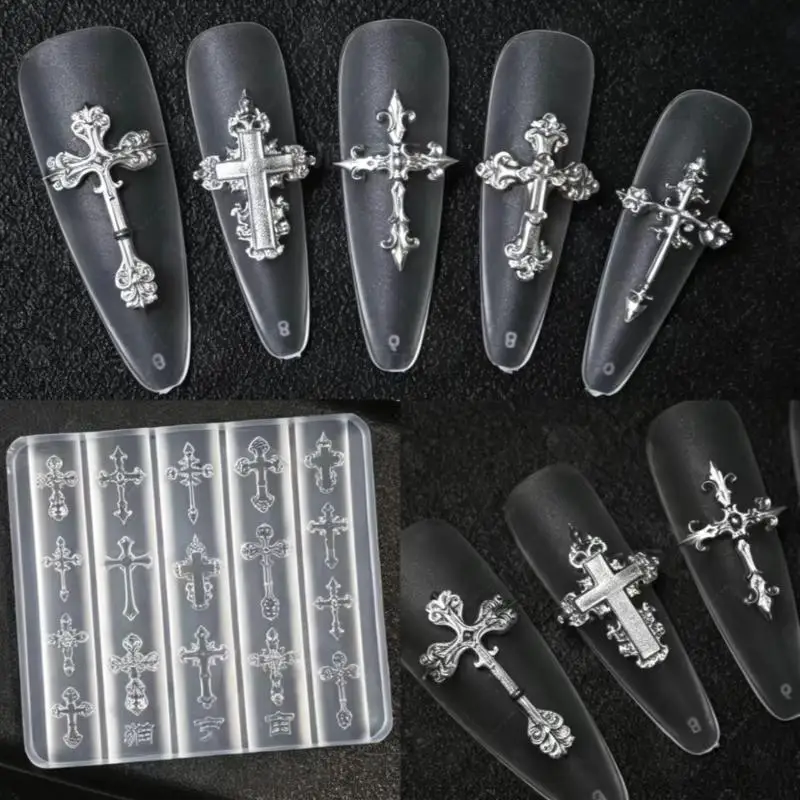 1Pcs Transparent Silicone DIY Punk Cross Relief Carving Decor 3D Gothic Cross Nail Art Mold Manicure Tool Nail Charms Mold