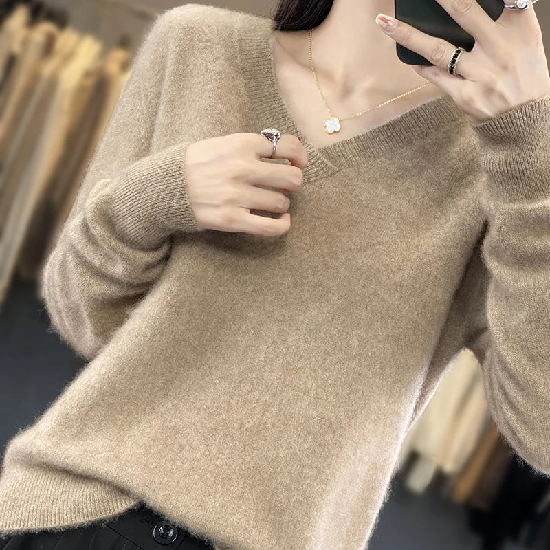 

Women's 100% Pure Wool Knitted Jumpers, V-neck Cashmere Tops, Standard Pullovers, New Fashion, Winter and Autumn, 2023,SY01