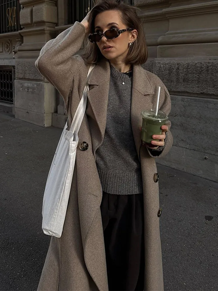 2024 Solid Color Elegant Double Breasted Woolen Jacket Fashion Long Sleeve Coat With Pockets Overcoat Lady Chic Commute Outwear