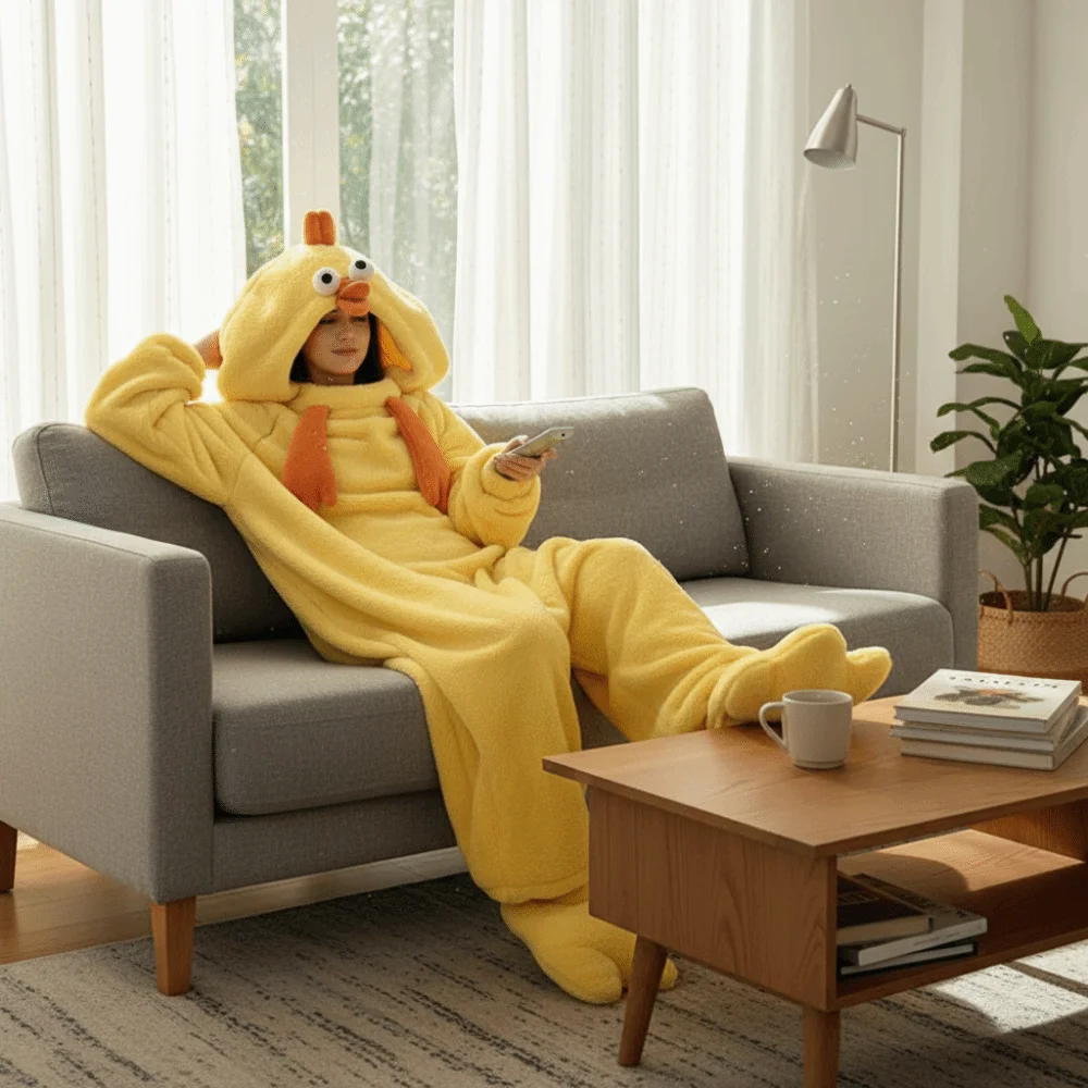

Jumpsuits Cartoon Chicken Pajamas Long Sleeve Home Wear Little Yellow Chicken Pajamas Plush Warm Funny Cute Sleepwear Women