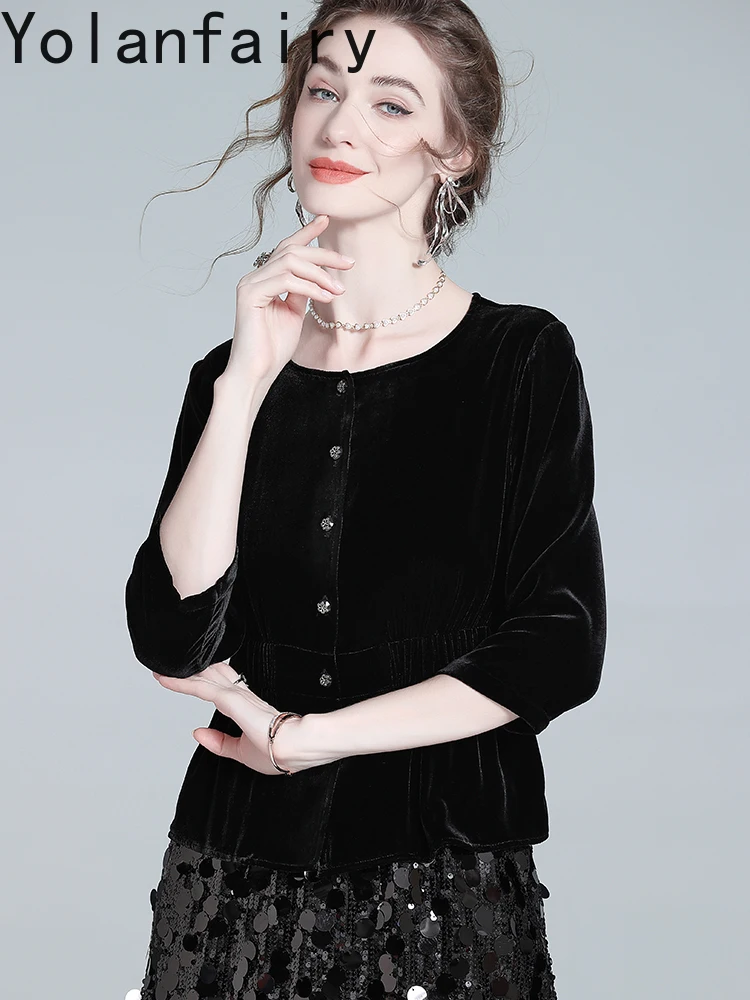 YOLANFAIRY véritable soie velours chemises femme vêtements 2025 début automne haut de gamme mince haut pour femme 100% mûrier soie chemise femme