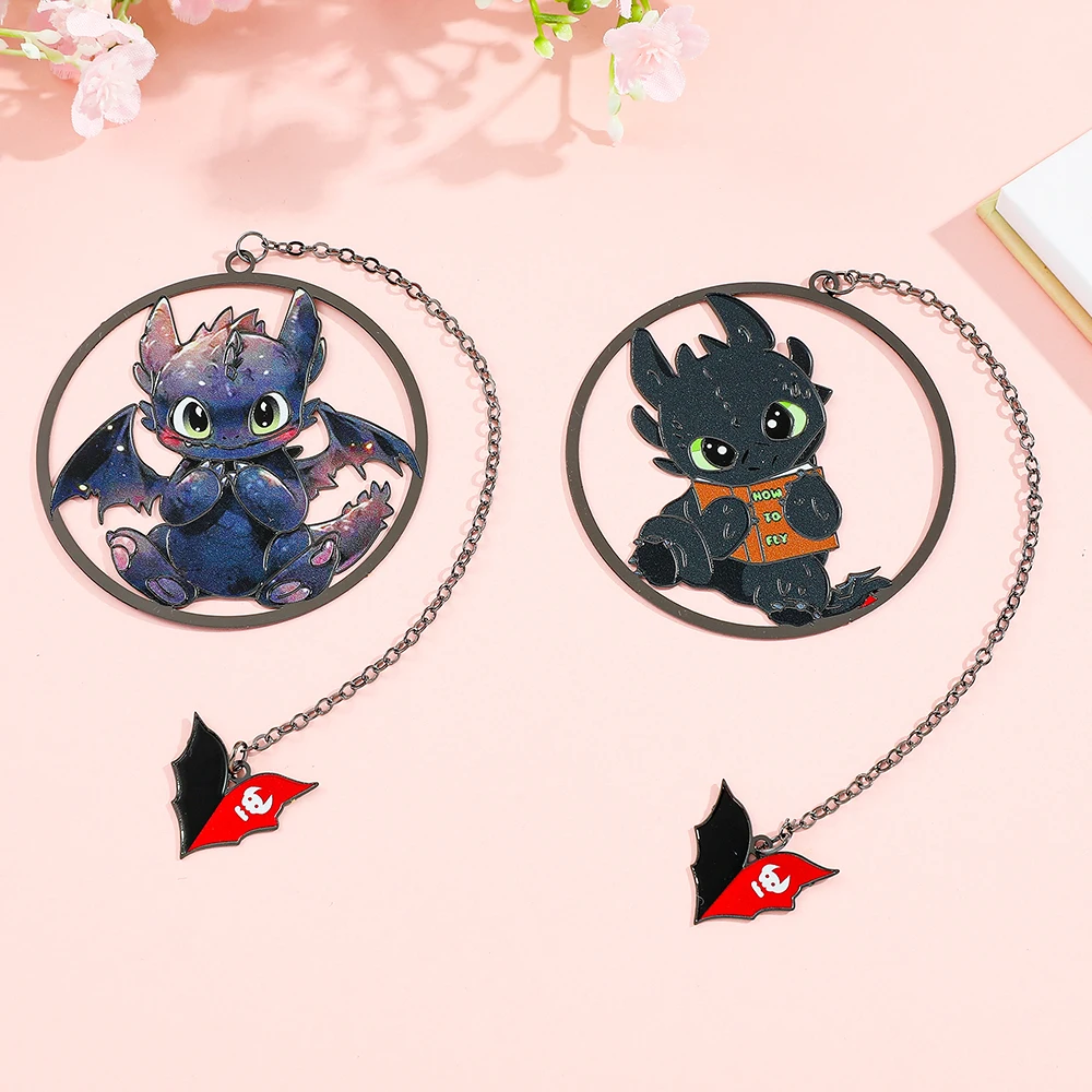 1Pcs Q Version Cartoon Little Black Dragon Bookmark, Cute Toothless Bookmarks For Anime Fans Collection, Round Metal Book Mark