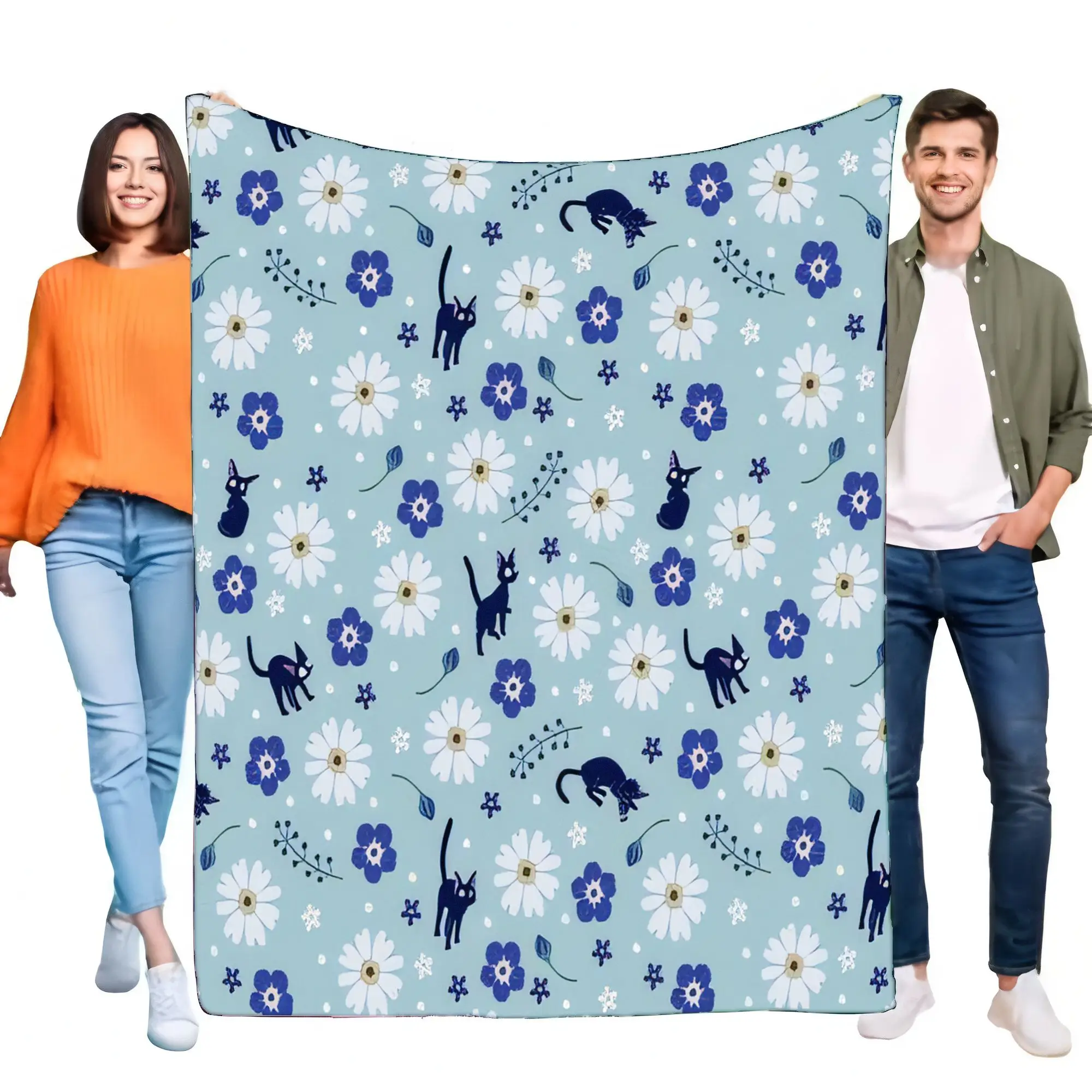Cute Cat and Flower Pattern Blanket Soft Cozy Throw for Couch and Bed, Lightweight Fabric Ideal for Home Decor, Perfect Gift for