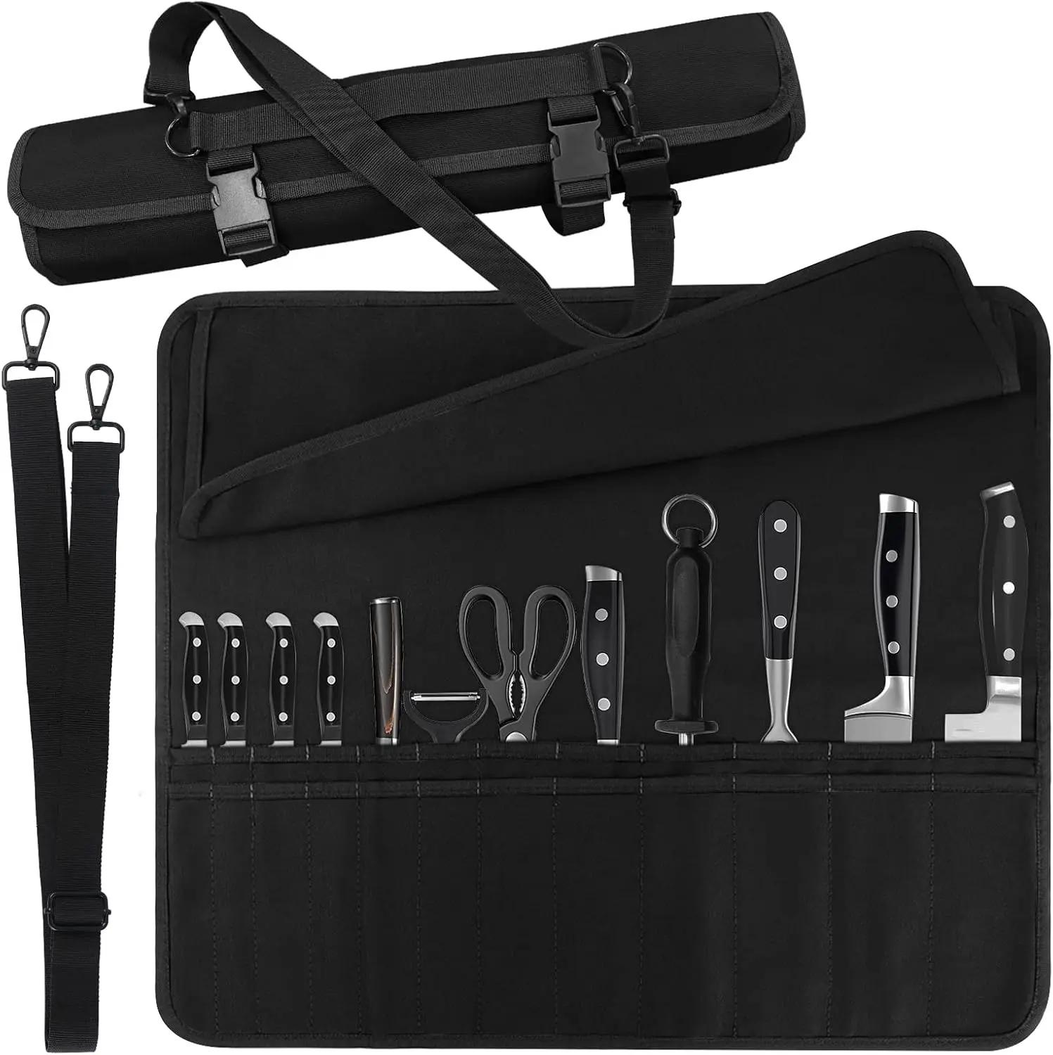 

24-Slot Chef Knife Roll Bag, Portable Canvas Kitchen Tool Storage with Adjustable Shoulder Strap