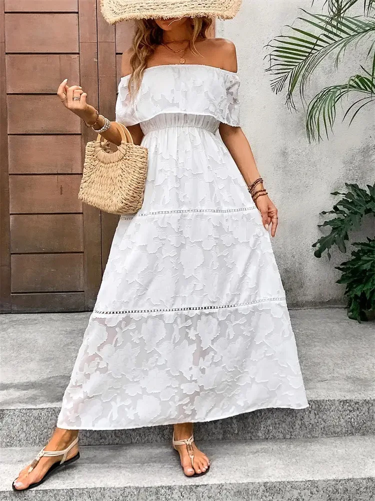 -Border European and American Woven Burnt Flower Lace See-through off-Shoulder Dress Spring and Summer Women's Design Long