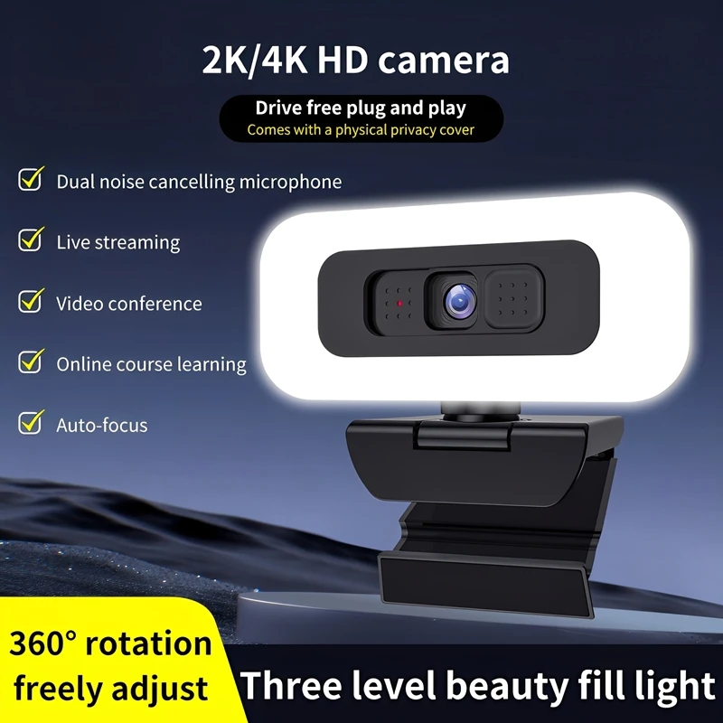 4K UHD Webcam With Autofocus, 3-Level Ring Light, Privacy Cover, 360° Rotation, Tripod, Plug & Play For Streaming & Video Calls