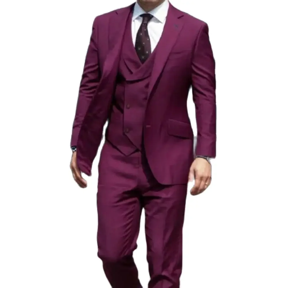 Men's Suits Slim Fit 3 Piece Purplish Red One Button Notch Lapel Blazer Elegant Groom Formal Wedding Outfits Jacket Pants Vest