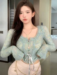 Gradient Rainbow Knitted Cardigan Women Spring Flare Sleeve Lace Up Crop Top Female Korean Fashion Spice Girl Slim Thin Knitwear