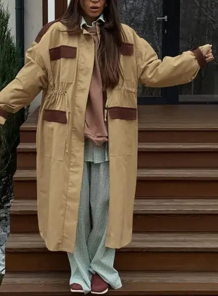 

Retro Contrasting Color Trench Coat Women's Autumn and Winter Workwear Casual Versatile Khaki Lapel Long Sleeved Coat