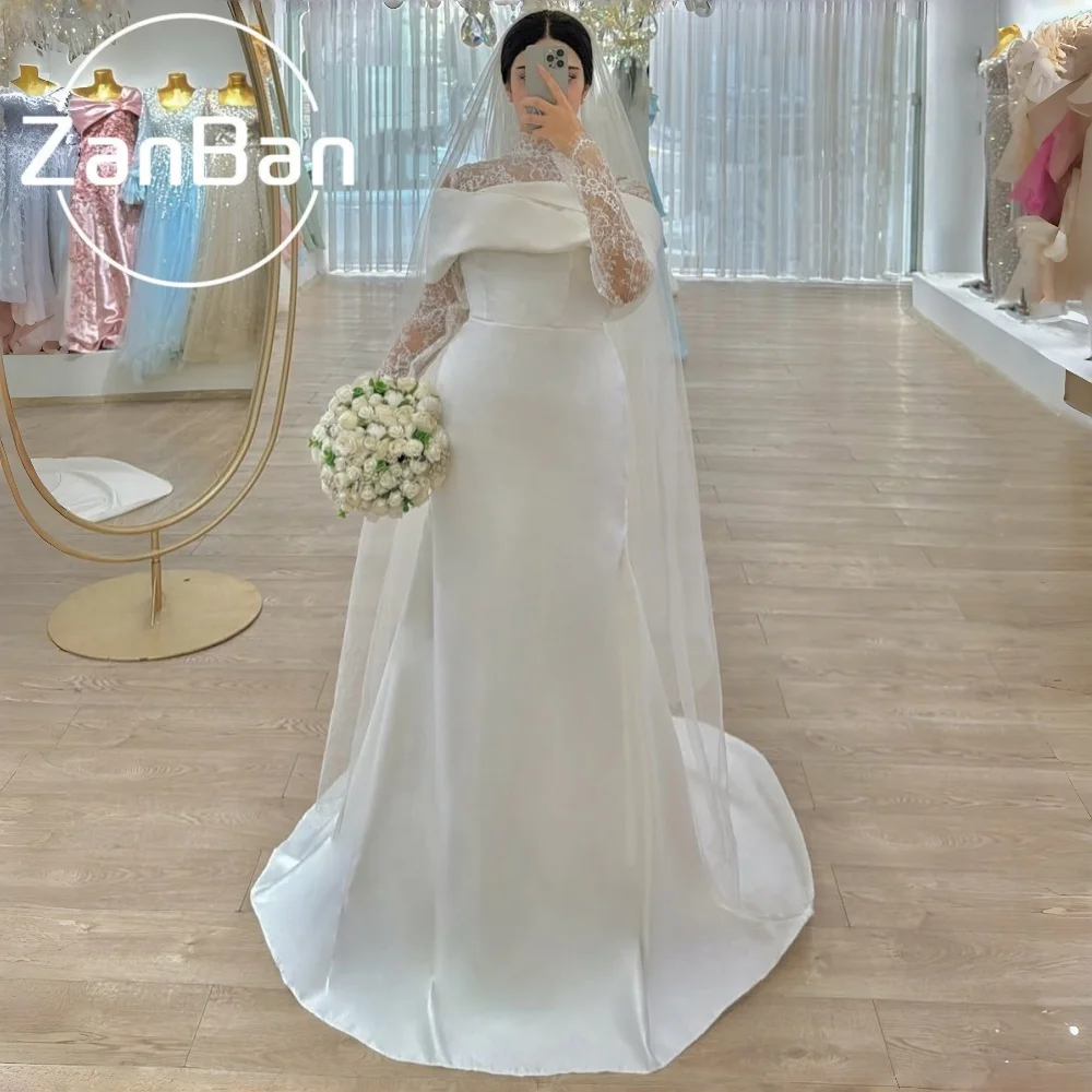 ZanBan 2026 New Customised Elegant Mermaid Satin Wedding Dress Lace Full Sleeve Court Train Corest vestidos de novia Bridal Gown
