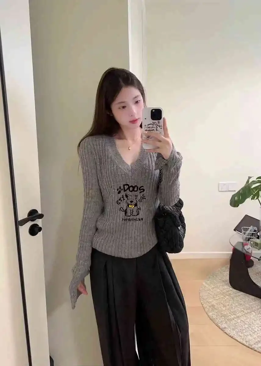 

Korobov Autumn America Retro V Neck Long Sleeve Cartoon Print Slim Slim Waist Tunic All Match Knitted Knitted
