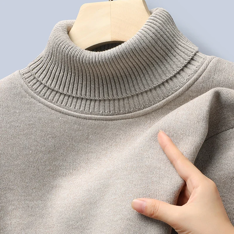 Fall Winter Male Thermal Knit Sweater High Collar Design Full Fleece Lining Long Sleeve Warm Daily Commute Apparel