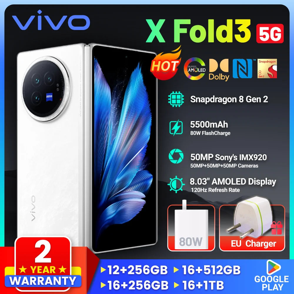 New Vivo X Fold 3 Smartphone 80W Supercharge 8.03inch AMOLED Snapdragon 8Gen2 5500mAh 50MP NFC Mobile Phone