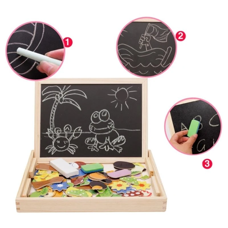090B Drawing Board for Preschoo Kids Learning Toy with Cartoon Animal Puzzle and Pen and Eraser Set