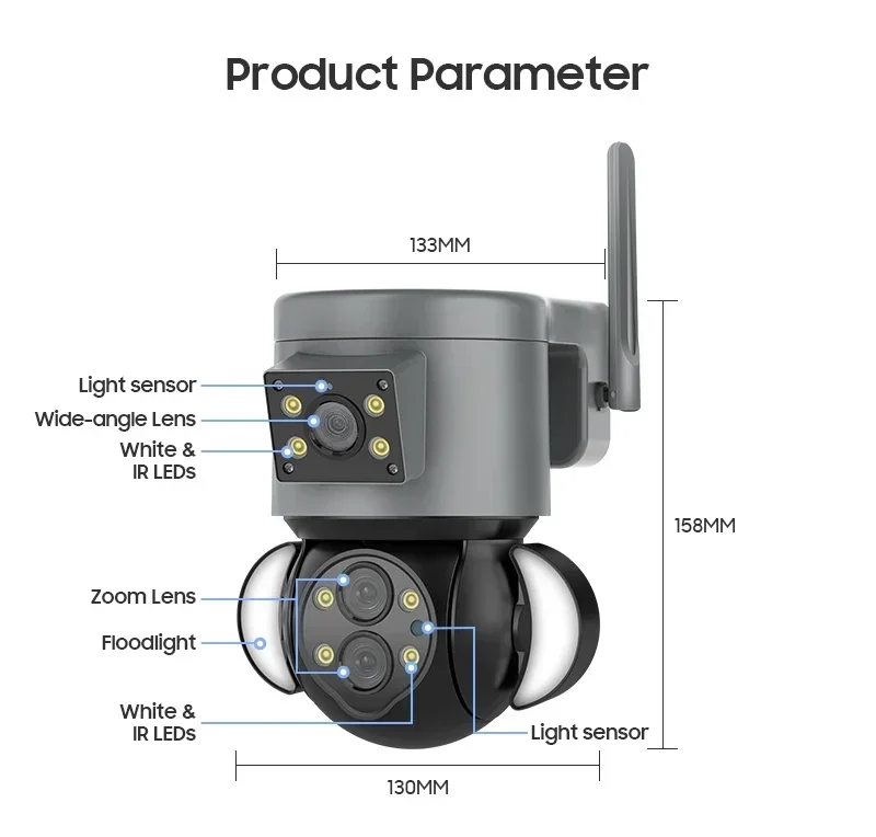 WIFI Dual Lens Camera Smart Floodlight Camera 10X Optical Zoom 4MP Lighting Gun Ball Linkage Surveillance IP Camera Waterproof