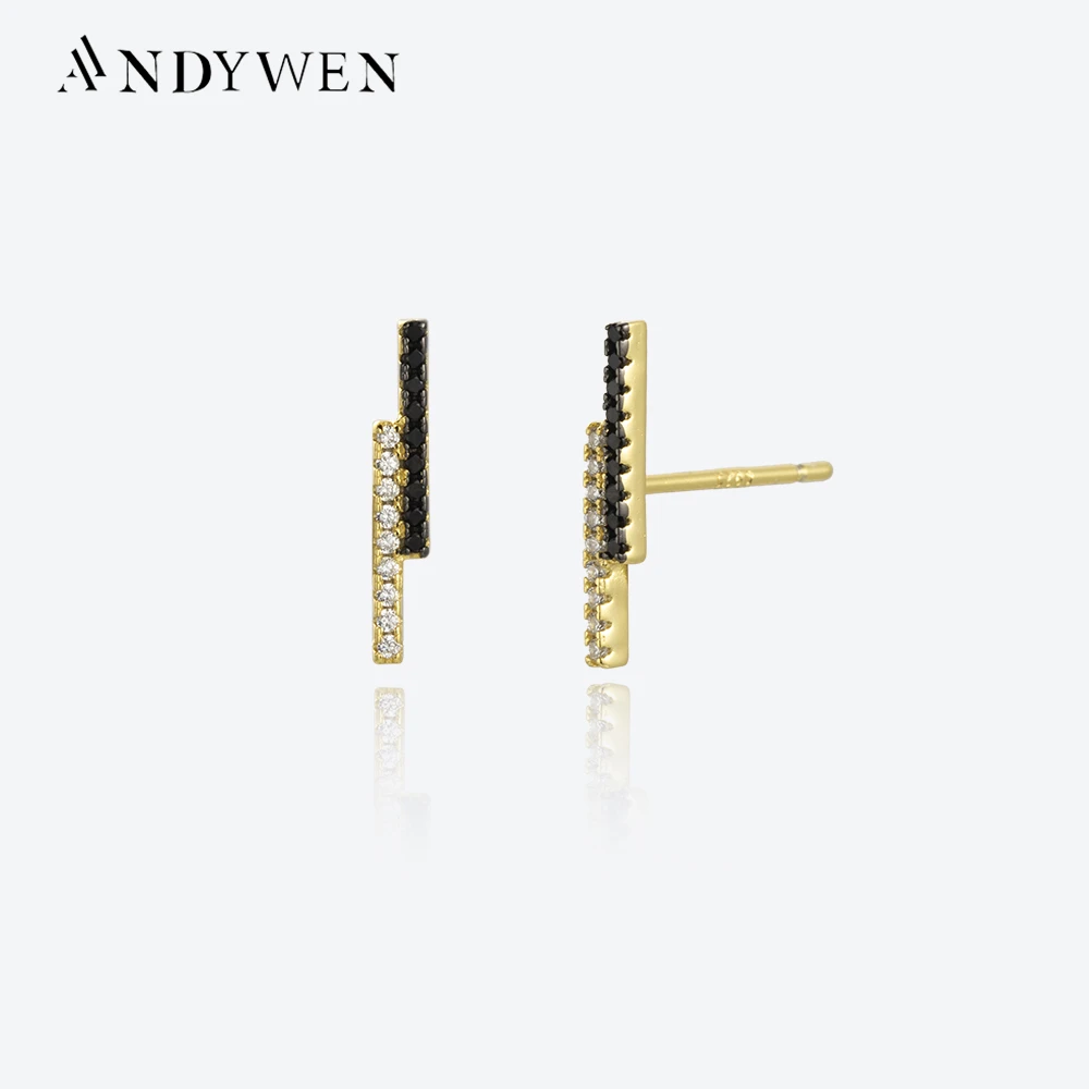 ANDYWEN 925 Sterling Silver Gold Two Line Black CZ Plated Stud Earring Clips Piercing Pendientes Luxury Fine Jewels Crystal