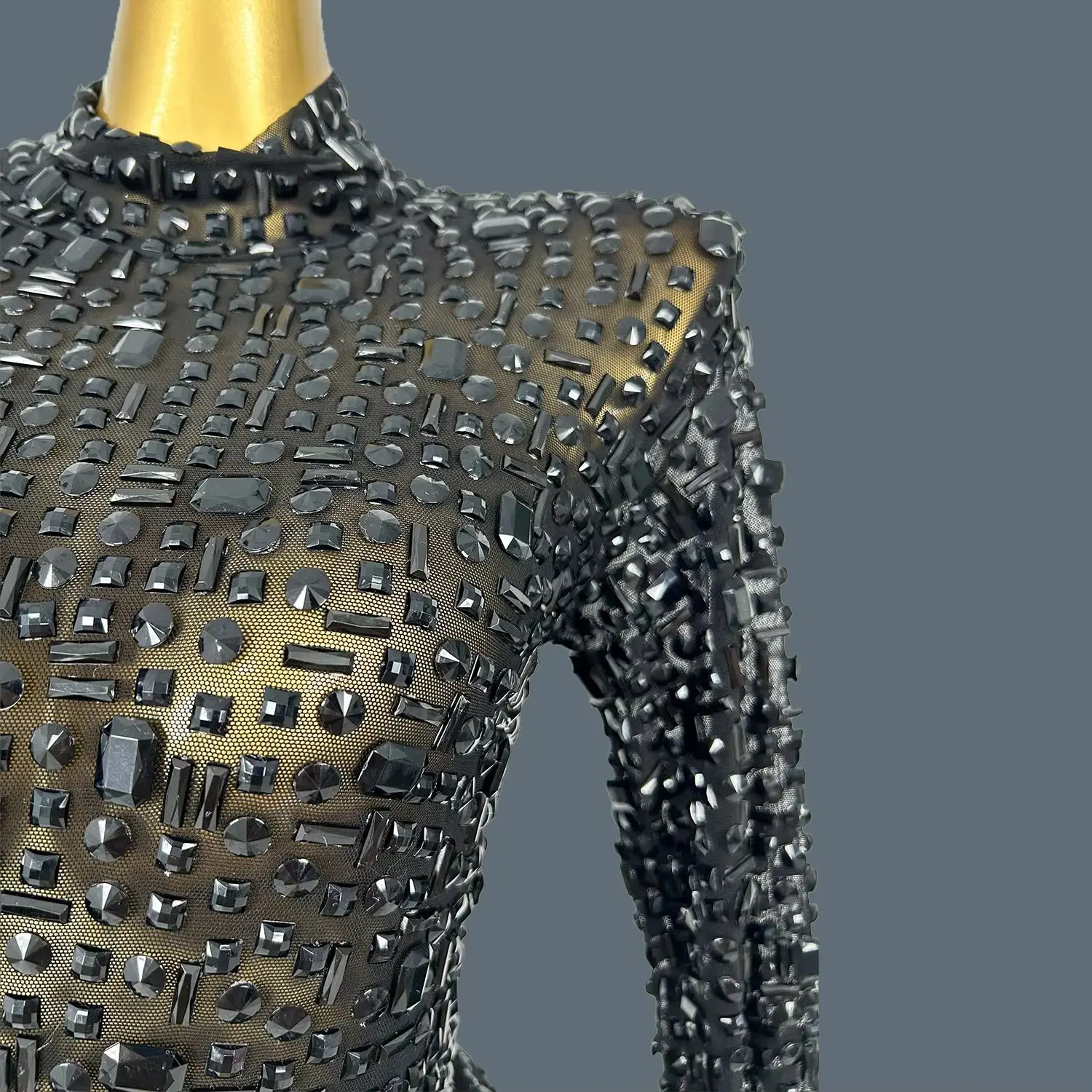 

Women Sexy Black Mesh Celebrate Evening Prom Birthday Dress Photo Shoot Wear Sparkly Diamonds Stretch Long Sleeve Dress Gesebei