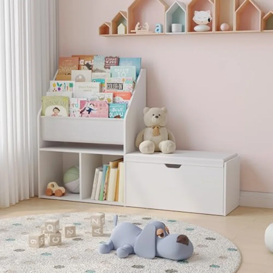 

47.2'' Bookshelf with Reading Nook Toy Storage Organizer with Seat Cushion 5-Tier Sling Bookcase and Storage with Bench for Pla