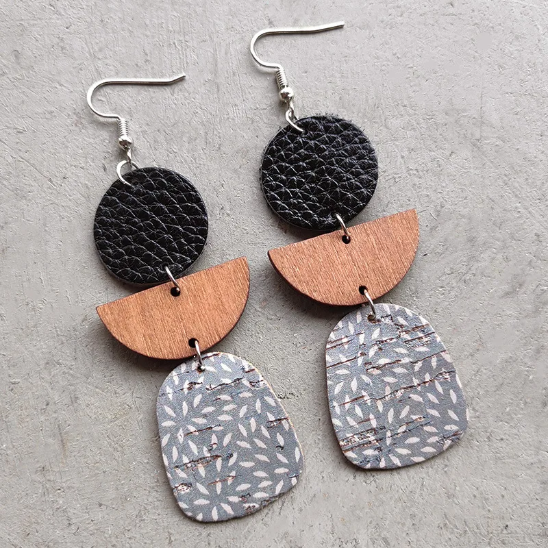 Retro Geometric Leather Cork and Wood Earrings for Women Boho Cork Leopard Pattern Bohemian Earrings Jewelry Friend Wife Gift