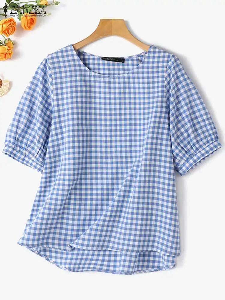 Fashion ZANZEA Summer Women Blouses Casual Loose O Neck Half Puff Sleeve Shirt Tops Checked Elegant Blusas Tunic Streetwear