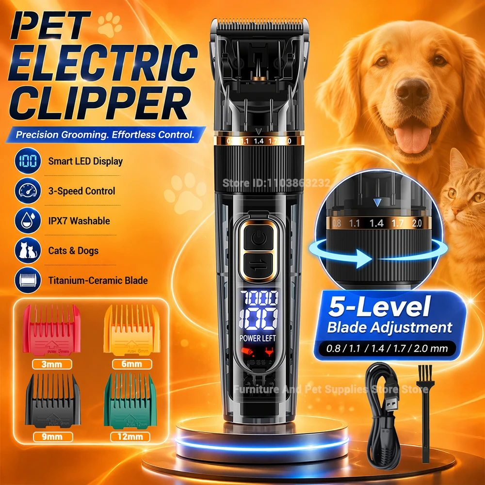Cortadora de Pelo Eléctrica para Mascotas con Pantalla Inteligente, Cortadora de Pelo para Perros de Tres Velocidades, Carcasa Transparente Impermeable, Cortadora de Pelo para Gatos