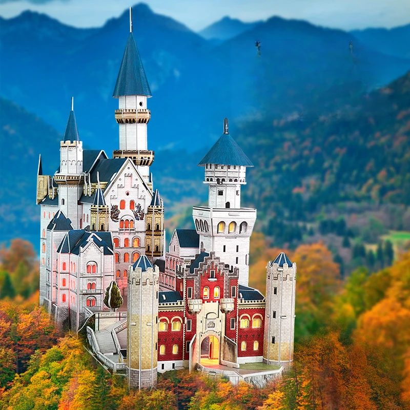 LED Lights Neuschwanstein Castle 3D Three-dimensional Puzzle City Building Children's Handmade Creative Model DIY Gift