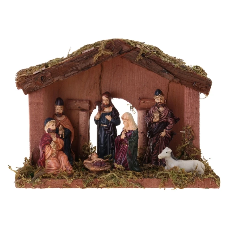 

28GF Christmas Nativity Scene Set Resin Jesus Birth Statue Nativity Manger Ornament Religious Figures Jesus Decorations