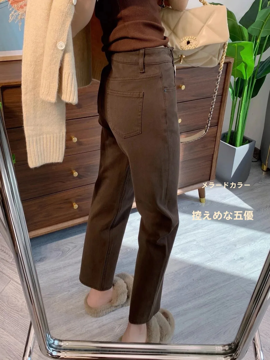 Retro High Waist Straight Leg Denim Jeans Women's Fall New Style Coffee Color Breadstick Pants Slimming Elastic Nine Tube Pants