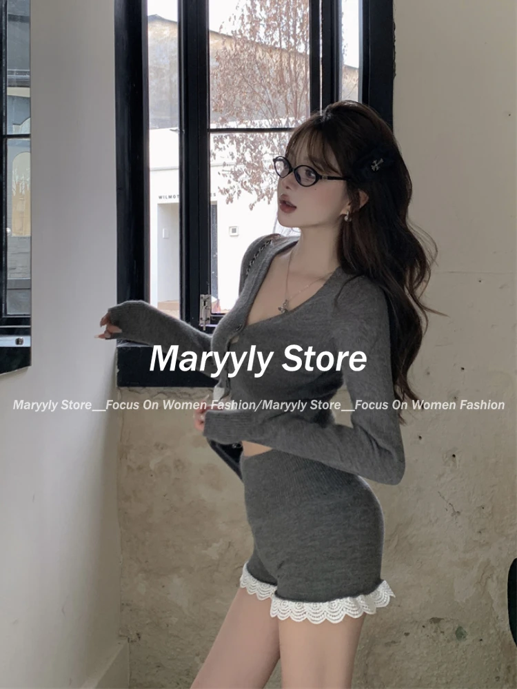 2024 Autumn Casual Slim Knitted Sport Suits Women Hot Girl Lace V Neck Cardigan + Sexy High Waist Shorts Solid 2 Piece Set New