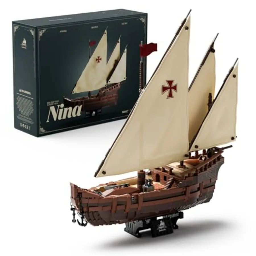 

Sailing ship building set for adults: office/bedroom shelf decor, wooden display model in navy blue with intricate detailing an
