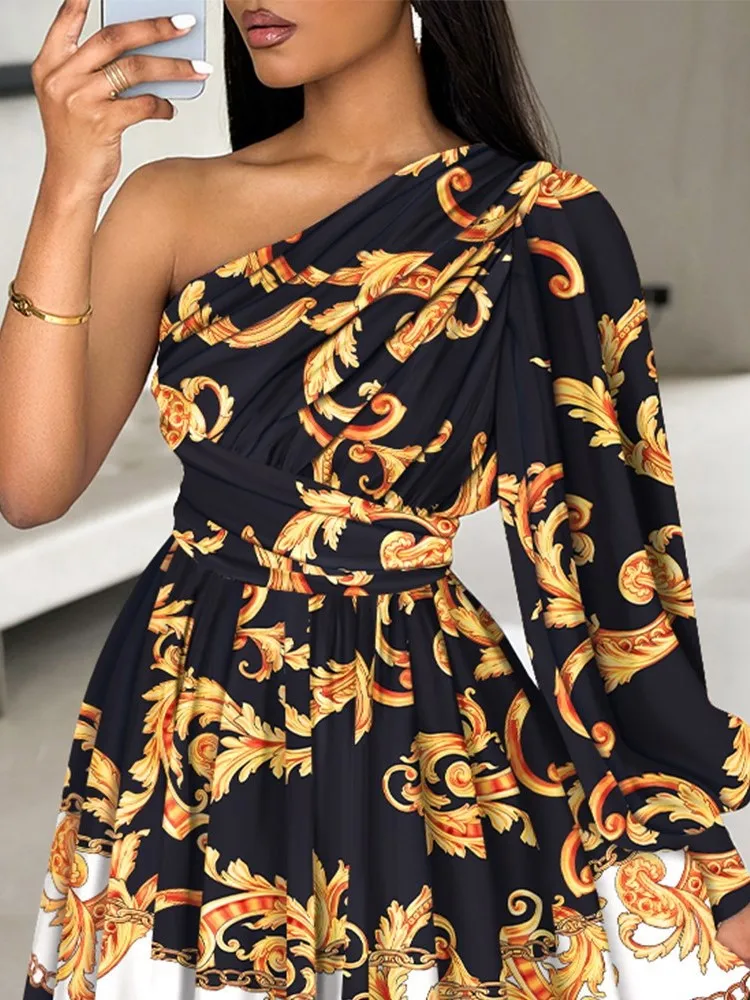 Nuovo Boho Stampa Abito da donna Primavera Moda Sexy con spalle scoperte Ufficio Elegnat Abiti casual Abito da festa femminile Robe Femme