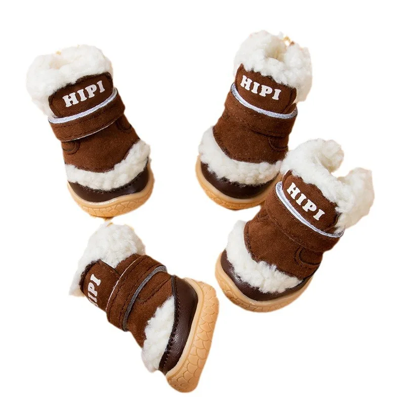 4pcs/set Anti-slip Dog Lamb Plush Shoes Thickened Breathable Winter Dog Shoes Warm Soft Dog Snow Boots Walking