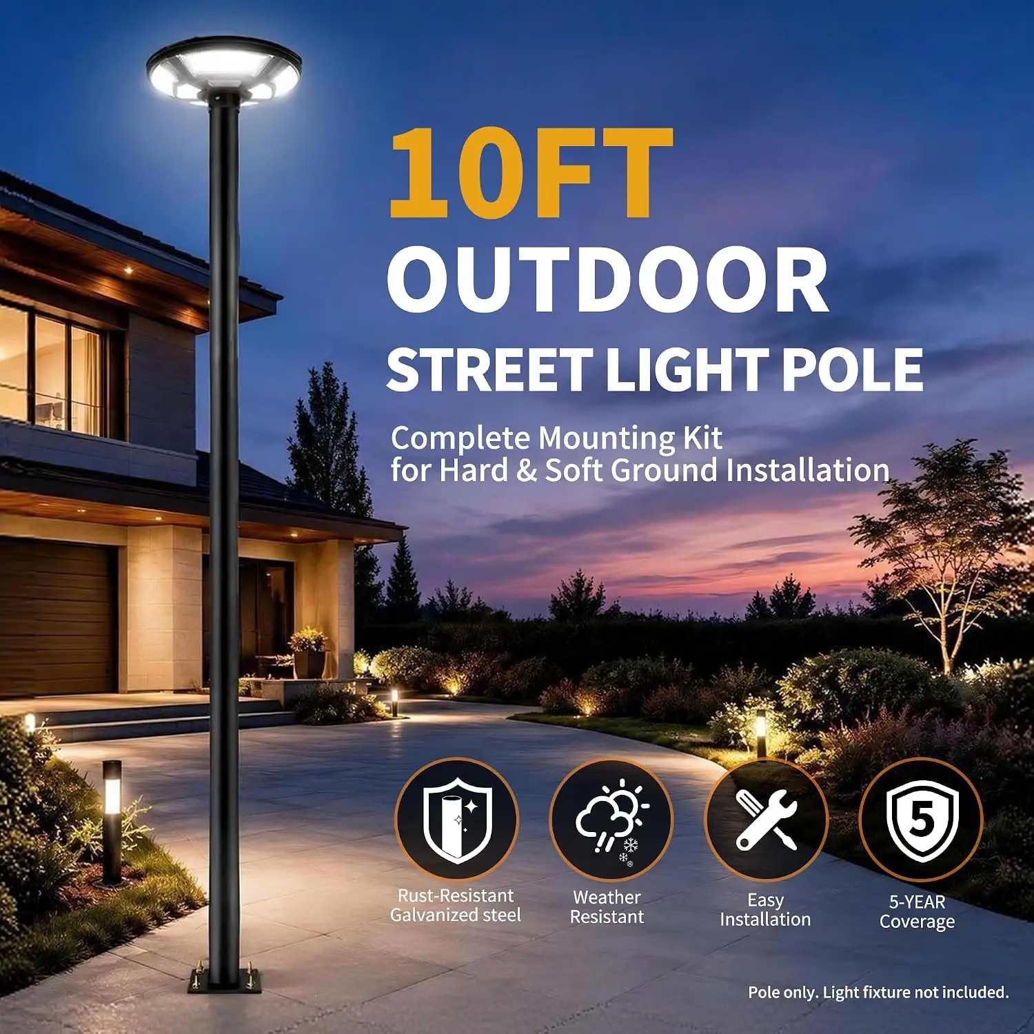 L Shape Wall Mount / 10FT Ground Metal Solar Light Pole Outdoor Light Mounting Bracket Sectional Lamp Post for Street, Patio, Backyard