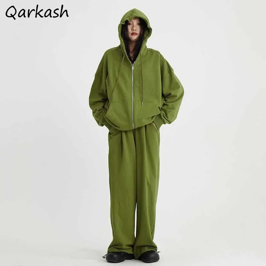 Women Set Loose Hoodies Full Length Pants Solid Spring College Simple Leisure Ulzzang Fashion Cozy Streetwear 2pcs Unisex Couple