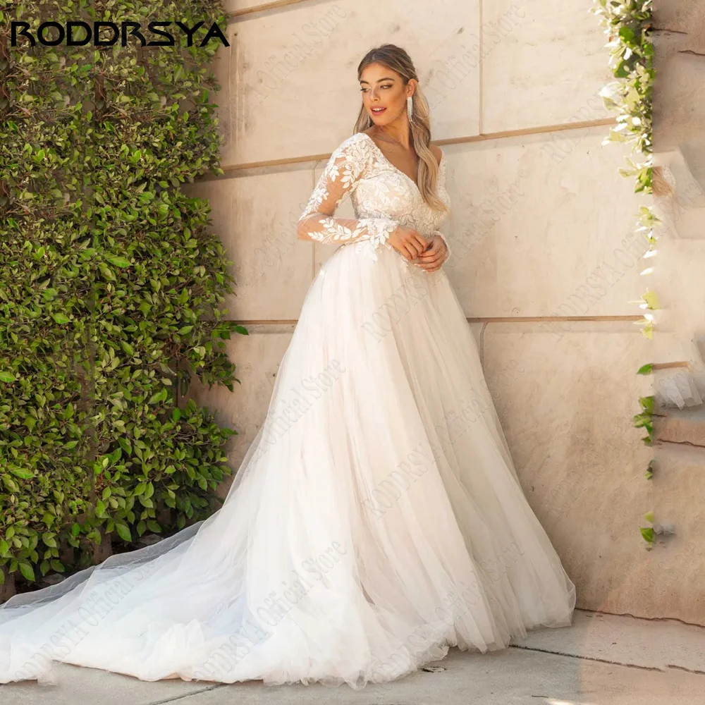 RODRSYA Civil Wedding Gowns Long Sleeves Double V-Neck Lace Bridal Gowns LaRODDRSYA Vestidos De Casamento Civil Mangas Compridas Double V-Neck Lace Vestidos De Noiva Lace Applique A Line 2024 vestido de noiva casamento