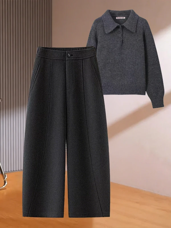 

Deep Grey Woolen Casual Pants Women's High Waist Wide Leg Nine Points Pants Spring Autumn plus Size Slimming Knife