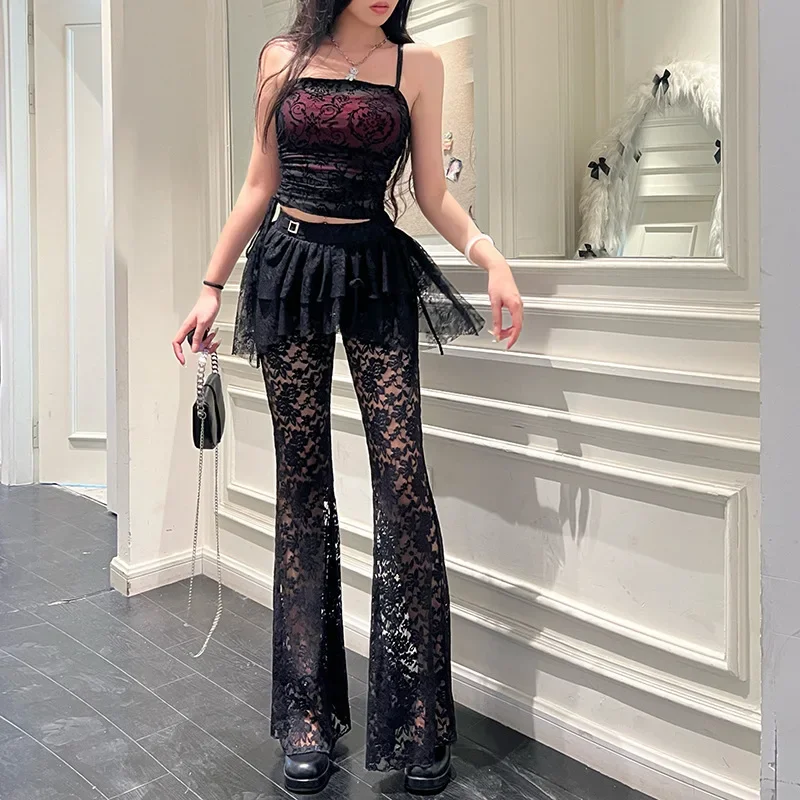 Fake 2 Pcs Fashion Black Skinny Lace Trousers Ruffle Skirt Solid Transparent Sexy Party Thin Flared Pants Vintage Elegant Bottom