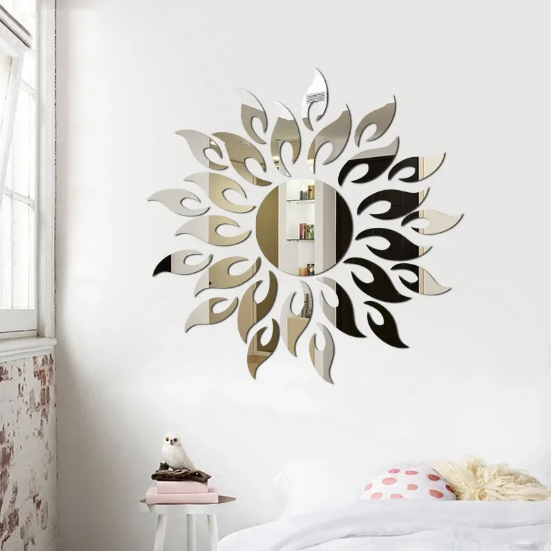 Sunflower Wall Sticker Acrylic Mirror Self Adhesive Reflective Decal Mural Wallpaper for TV Background Art Home Decor