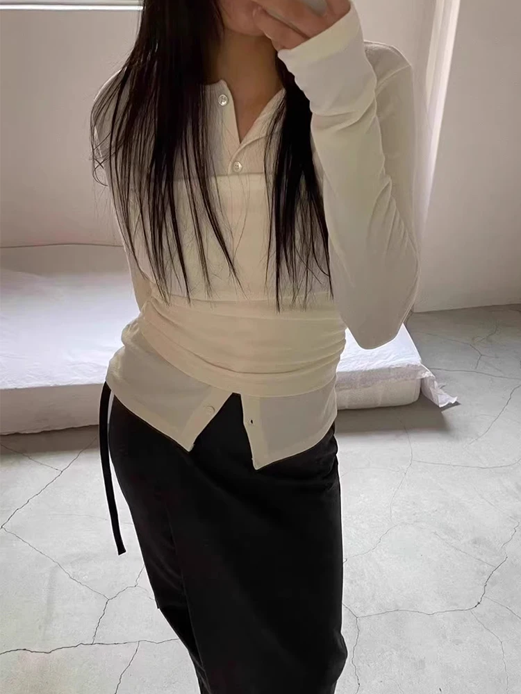 2025 Otoño Invierno mujeres falsas dos piezas moda coreana Top diseño de manga larga 2000s camisetas de Color sólido Coquette Gyaru Y2k nuevo