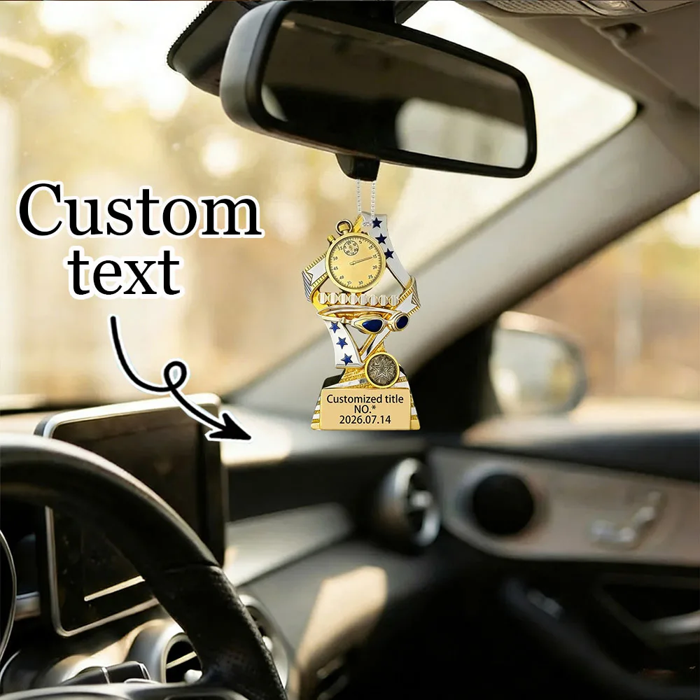 Customized Golden and Silvery Trophy Shaped Custom Print Title Text Name Date for awards prizes gift DIY purse Charms making