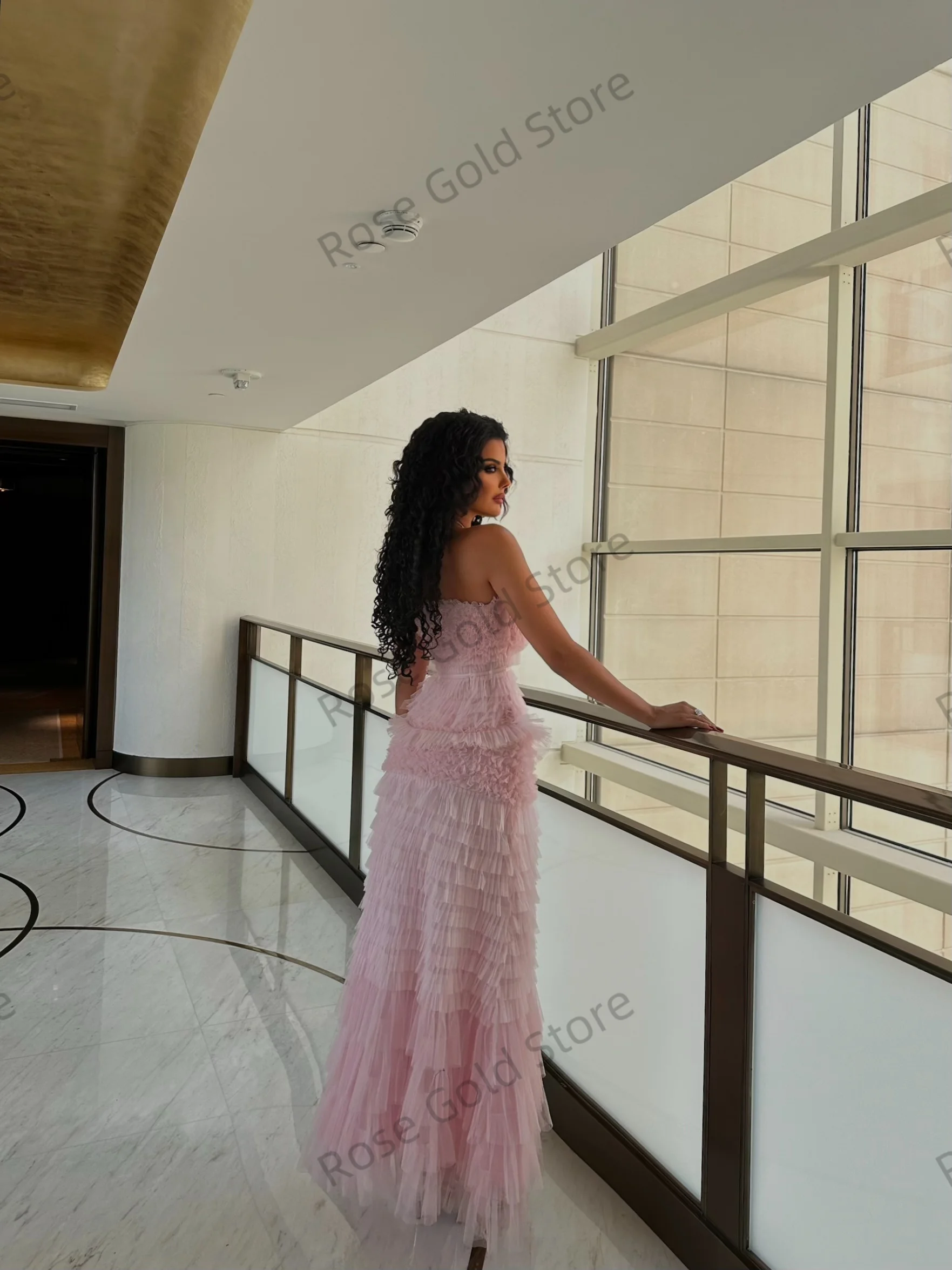 Illsuion Pink Evening Dress for Formal Occasion A Line Tiered Sleevless Robe de Soriee Customized Long Women Prom Gowns