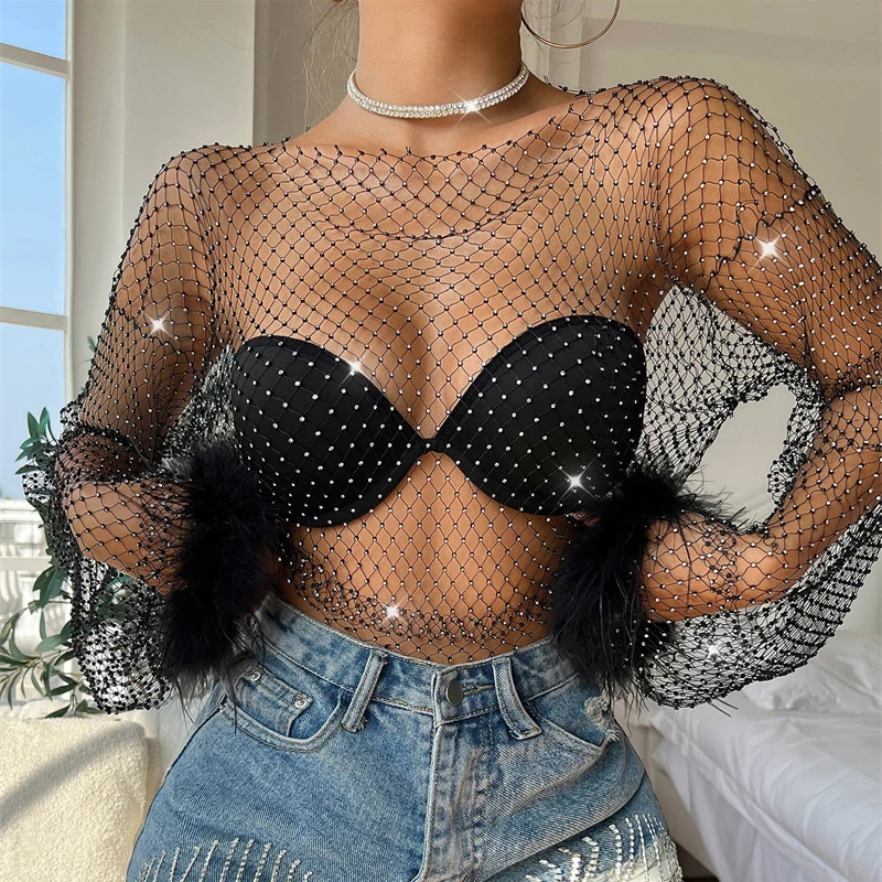 Damen-Strass-Netzoberteil, glitzerndes, durchsichtiges Mesh-T-Shirt, transparentes Diamant-Shirt, Federbündchen, Party-, Abend- und Clubwear, Y2K-Bluse – Detail 1